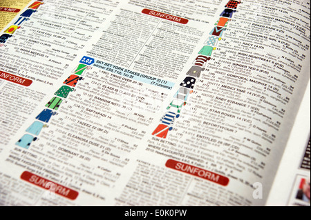 Horse racing pages in a newspaper with information guide Stock Photo