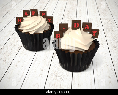 Illustration of muffins in black ramekins with cream and red chocolate letters on white wood desk background Stock Photo