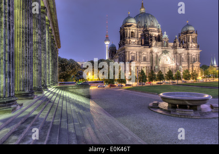 The Berliner Dom and television tower from the steps of the Altes Museum on Museum Island. Stock Photo