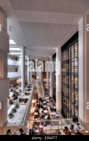 The café and reading room of the British Library in London, with the King's Library to the right. Stock Photo