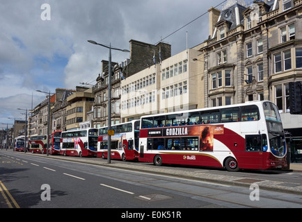 Six Lothian Buses from Transport for Edinburgh lined up at bus stops in Princes Street Edinburgh Scotland Stock Photo