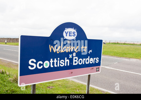 Welcome to Scottish Borders sign with 'Yes' to Scottish independence sticker on it, by A68 at England-Scotland border. Stock Photo