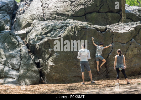 Bouldering enthusiasts on Rat Rock in Central Park in New York on Sunday, May 11, 2014. (© Richard B. Levine) Stock Photo