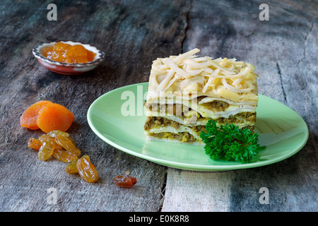 South African bobotie dish layered with pancakes Stock Photo