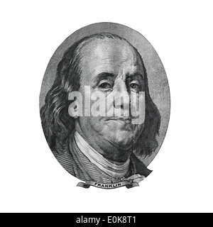 Benjamin Franklin cut out from USA hundred dollars bill. Portrait of American statesman, inventor and diplomat. Stock Photo