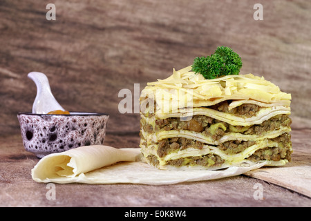 South African bobotie dish layered with pancakes Stock Photo