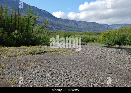The end of the summer on the Putorana plateau. The valley of the river Mikchangda. Stock Photo