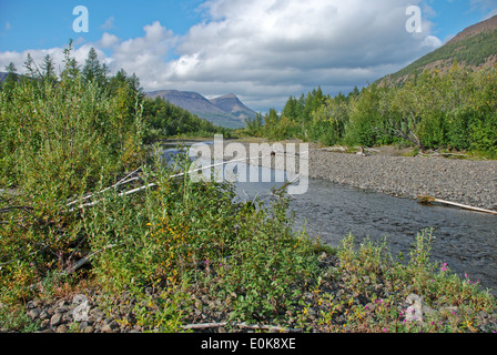 The end of the summer on the Putorana plateau. The valley of the river Mikchangda. Stock Photo