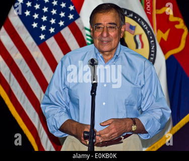 The Honorable Leon E. Panetta, Secretary of Defense, answers questions at a town hall meeting at Camp Victory, July 11, as part Stock Photo