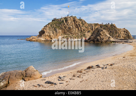 Beach of Blanes and the islet Sa Palomera in the Costa Brava, Catalonia. Stock Photo
