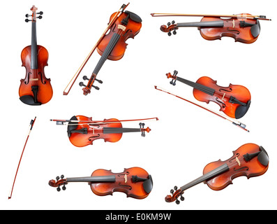 set of classical modern violins and french bows isolated on white background Stock Photo