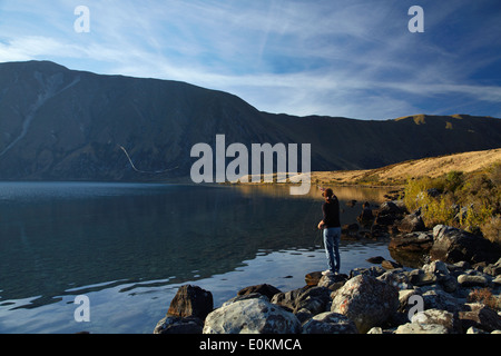 Fly fishing, Lake Ohau, Mackenzie Country, South Canterbury, South Island, New Zealand Stock Photo