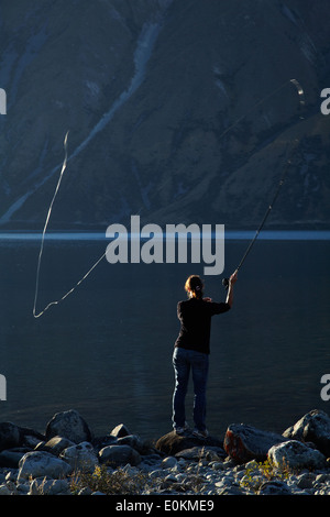 Fly fishing, Lake Ohau, Mackenzie Country, South Canterbury, South Island, New Zealand Stock Photo