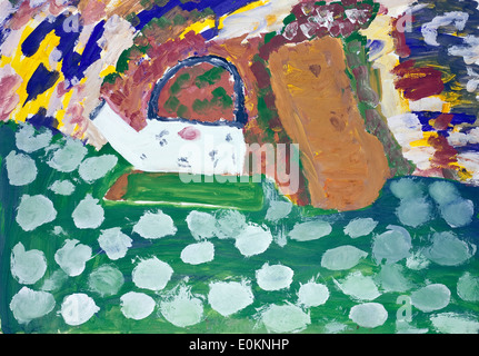 Tea with daisies flowers abstract background. Naive oil painting art illustrtation Stock Photo