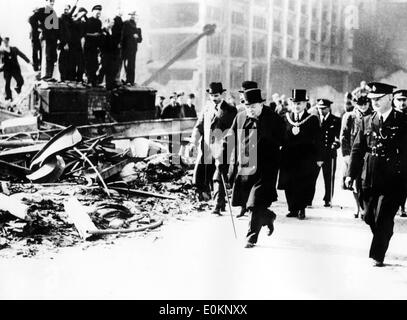 Sir Winston Churchill inspects damage Stock Photo