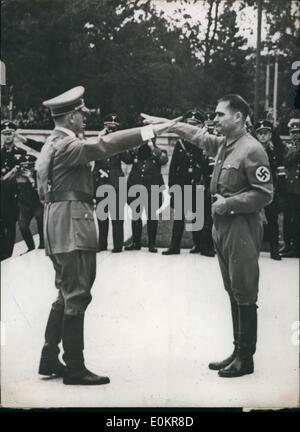 Sep. 09, 1938 - Opening of Nzai Congress at Nuremberg: Herr Rudolf Hess, Hitler's Deputy (right) greets the Fushreer with the Nazi salute, when the latter arrived at the Congress Hall in Nurember for teh opening of the 10th Nations Socialist Party rally. Hess opened the rally. Stock Photo