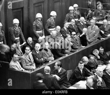 Some of the leading Nazis seen seated in the dock at Nuremberg during the final session of the greatest war trial in history Stock Photo