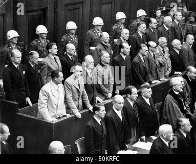 Some of the leading Nazis seen seated in the dock at Nuremberg during the final session of the greatest war trial in history Stock Photo