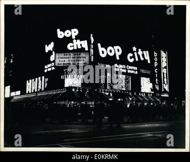 Apr. 04, 1949 - Bop city joins carnival of broadway lights: NY. April15, Bop city, has just taken it's place amongst the clubs of Broadway as the symphonic jass center of the world. Located at Broadway & 49th street it's grand opening last night heralded artie shaw with a full symphony orchestra of modern Bop. The club seats a thousand spectators, plays music of composers like Defalla and shostakovitch. Stock Photo