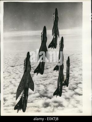 Jan 1, 1950 - British official photograph (Air Ministry) issued by C.O.I. - London . Crown copyright Reserved: The first six hunter aerobatic team of the Royal Air-force climbing for a formation loop. The team comprises five hunter 4's of no.93,Squardon, 2nd. Tactical Air Force, led by commanding officer (Sqd. Leader D.F.M. Browne, A.F.C), reinforced by a sixth Hunter, flown by Flight Lient. K. Goodwin of no. 118. Squadron. (exact date unknown) Stock Photo
