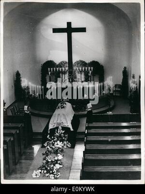 Dec. 12, 1952 - Danish queen mother dies after Ten day illness Queen Alexandrina, queen mother of Denmark, died in Copenhagen on Sunday, aged 73, at st Lukes Hospital. She had been ill for ten days and was operated on for an interval compliment. King Frederik his brother. prince khud hurried to the hospital but she died before they rescued her bedside. Photo shows The queen mother;'s coffin lies in the chapel of St Lukes Hospital before it is taken to Amalienborg palace. Stock Photo