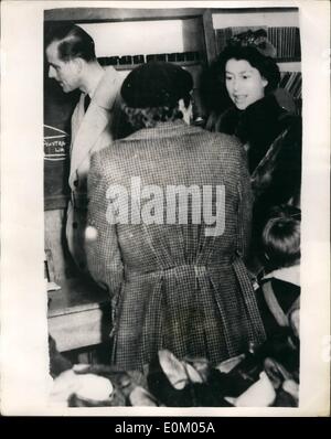 Feb. 02, 1953 - Queen Visits the Flood Areas of Norfolk. Talks to victims at Gaywood Rest Centre.: The scene as H.M. The Queen accompanied by the Duke of Edinburgh chats to victims of the great floods - during her visit to the Gaywood Rest Centre, Hunstanton, Norfolk today. Stock Photo