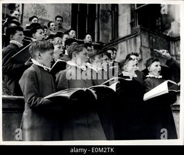 May 14, 1953 - Choirboys rehearse for Coronation: Thirty-two boys are rehearsing the music for the coronation, at Addington Palace, Groydon. Twenty of the boys have been chosen by the Royal School of Music from amongst its 3000 member choirs all over the country, and the other twelve are choristers from six cathedrals. Thia is the first coronation, it is believed, at which boys from parish church and school choirs have been chosen to sing. Photo shows The scene as the boys rehearse at Addington Palace today. Stock Photo