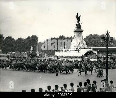 Jun. 06, 1953 - Coronation of Queen Elizabeth II. Royal Canadian Mounted Police in the procession passing Queen Victoria Memorial. Stock Photo