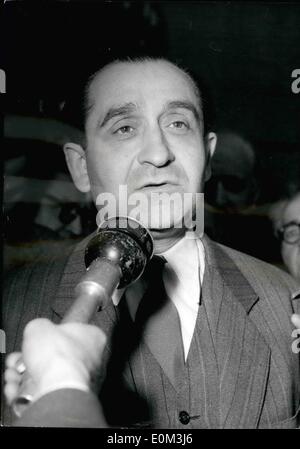 May 05, 1953 - Mendes-France Accepts To Form New Government: Mendes-France who was entrusted with the task of forming the new French Cabinet addresses the newspapermen on leaving the Elysee Palace this afternoon. Stock Photo