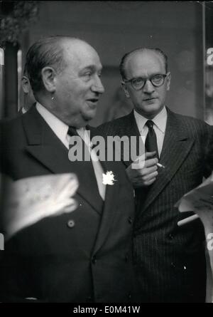 May 05, 1953 - French Cabinet Crisis. Guy Mollet (right) Socialist Leader who has been entrusted with the task of forming the new government. On left is M. Charles Lussy, one of the Socialist leaders. May 24th/53 Stock Photo