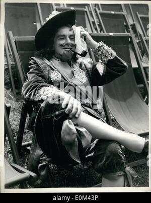 May 05, 1953 - Rehearsals of ''Love's labour's Lost at the Open air theatre regends park. Photo shows Tristan Ranson , who plays the part of king of Navarre in the play finds it a little too warm and takes a rest in a deck chair during a break in rehearsals today. Stock Photo