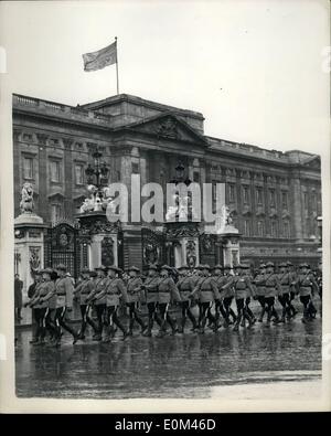 Jun. 06, 1953 - Troops Receive Commemoration Medal From Queen. Canadian ''Mounties'': Troops who took part in the Coronation ceremonies yesterday went to Buckingham Palace this morning where they received a Commemoration medal from H.M. The Queen. Photo shows Canadian ''Mounties'' march into the Palace this morning - for the presentation. Stock Photo