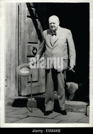 Jul. 07, 1953 - Winston Churchill Leaves Chartwell For Chequers. First Outing Since Breakdown: Prime Minister Winston Churchill, who has been resting at Chartwell for the past few weeks since his breakdown - left for his official residence Chequers this-afternoon - where he will be carrying on his official business which will include the meeting of Anthony Eden the Foreign Secretary who returns from the United States after his operation on Sunday. Photo shows Sir Winston Churchill stands in the doorway of Chartwell when he left for Chequers this afternoon. Stock Photo
