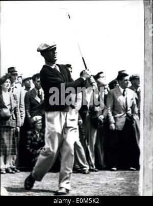 Jul. 08, 1953 - 8-7-53 British Open Golf Championship. Bobby Locke, the reigning champion, is leading the field in the British Open Golf Championship being held in Carnoustie. U.S. champion, Ben Hogan was nine points behind Locke after yesterday's play. Keystone Photo Shows: Ben Hogan driving from the 2nd tee, at Carnoustie yesterday. Stock Photo