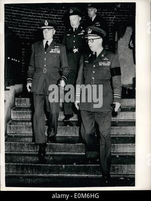 Sep. 09, 1953 - British air chief marshal tours side of air headquarters at Geruzet. Photo shows with Lieut. Gen. Lucien Leboutte (right) chief of Staff of the Belgian Air Force, British Air Chief Marshal Sir Basil Embrm, R.A.F., tours the site of his World War II air headquarters at Geruzet. General Laboutte arranged for him to lunch in his old mess when he came to Belgium this time on a courtesy call since assumption of command of Allied Forces Central Europe, to which the Belgians contribute their NATO air units. Stock Photo