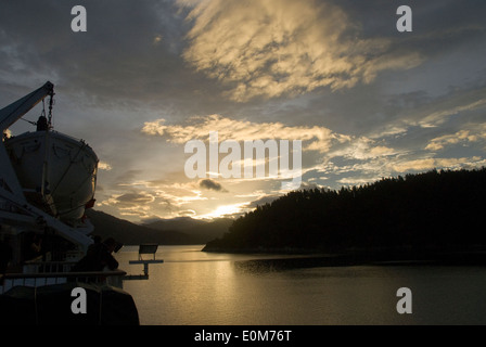 Sunset from Interisland Ferry, Tory Channel, Queen Charlotte Sound, Marlborough Sounds, South Island, New Zealand Stock Photo