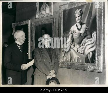 Nov. 11, 1953 - Exhibition of Royal Society of Portrait Painters. Two artists with one painting. Photo shows Mr. Frank O. Salisbury R.F. with Mr. W.E. Webster looking at the former's portrait Mrs. Joseph Post Davies'' at today's private view of the Royal Portrait Society Exhibition at the Royal Institute Galleries. Stock Photo