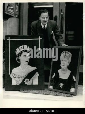 Oct. 10, 1953 - Carpet Portraits of the Queen and Queen Mary Mr. J.C.Varney, an employes in the carpet department of Drucas, the Baker -street store, has just completed a carpet portrait of the queen some time ago he did a similar portrait of queen nary. The portraits are life - size and copied from photographs. They are worked i Wilton carpeting. A section of the red yard was unpicked then the 60,000 tufts which form the queen's portrait were woven in. Queen Mary's portrait had 45,000 tufts woven in. Photo shows Mr.J.C.Varney with his carpet portraits of the queen and queen Mary. Stock Photo