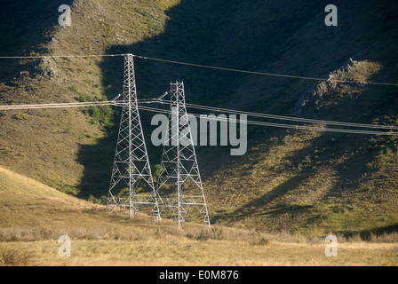 Electric power transmission pylons, Molesworth Road, Acheron Station, North Canterbury, South Island, New Zealand Stock Photo