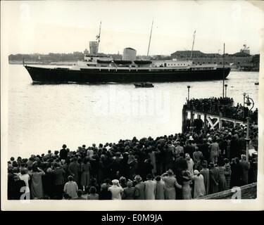 Apr. 04, 1954 - The Royal children leave Portsmouth for Tobruk, crowds wave farewell. Prince Charles and Princess Anne left Portsmouth aboard the new Royal Yacht Britannia for Tobruk this afternoon to meet their parents, The Queen and Duke of Edinburgh. They were seen off by the Queen Mother and Princess Margaret. Keystone Photo shows: The scene as the huge crowd waves farewell from the shore at Portsmouth this afternoon as the Britannia left on her voyage to Tobruk with the Royal children aboard. Stock Photo