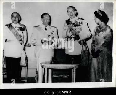 May 05, 1954 - Reception In Athens In Honour Of President Tito: President Tito of Jugo-slavia was the guest of honor at the reception held by King Paul at the Athens Officers Club -- during his State visit to Greece. Photo Shows Seen at the reception are L-R: Marshall Papagos the Prime Minister; Marshal Tito; King Paul and Queen Stock Photo