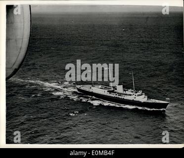 May 13, 1954 - Homeward Bound: Picture Shows: An aerial view of the ''Britannia'' beinging H.M. The Queen, The Duke of Edinburgh, with Prince Charles and Princess Anne home to England. The Royal Yacht is seen in the Bay of Biscay, 244 miles south of lands End, from one of the home- based aircraft which met the 'Britannia' as she entered the Bay, to continue air escort duties from 'planes operating from Gibraltar. Stock Photo