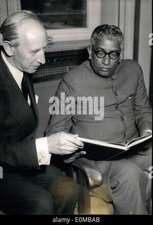 Jul. 15, 1954 - Indian Minister visits Germany. The Indian Minister Kalipada Mookerje is currently in Germany to become more informed of social problems as well as issues pertaining to labor-law. The Indian minister wants to know more about the working conditions in West Germany. Our picture shows him after his arrival in Frankfurt together with Baron von Recum of Frankfurt's city administration. Stock Photo