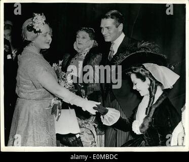 Jun. 06, 1954 - Curtsey for the Queen Mother: Still in costume, actress Vivien Leigh curtseys to Queen Elizabeth the Queen Mother, at the Variety Club's all-Star Matinee at Her Majesty's Theater, London, yesterday. Next to Vivien Leigh are her husband, Sir Laurence Olivier, and Dame Sybil Thorndike. The matinee commemorated three anniversaries - the fiftieth year since the founding of the Royal Academy of Dramatic Art; Dame Sybil's golden jubilee on the stage; and the birth centenary of Sir Herbert Beerbohm Tree, founder of the RADA. Stock Photo