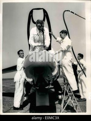 Aug. 08, 1954 - Press preview of the founded midge jet fighter. pilot prepares fr demonstration flight. The folland midge (prototype of the gnat) was shown to the press at Hamble, Hampshire, today it is the world's first knight jet fighter - and is powered with and Armstrong sidesaddle viper turbojet engine which is to be relapsed by the three times more powerful Bristol orphans The machine can travel only 5,000 to produce it will have the sting of an ordinary 00,000 fighter. The dimensions are span: 20ft. 8in length 28ft. 9in. and hearth 8ft 3in Stock Photo