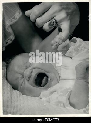 Sep. 09, 1954 - Day old baby gets to grips introducing miss Hawkins. The first picture of the so far UN-named baby daughter only one day old - born to Mrs. Doreen Hawkins - wife of screen star, Jack Hawkins. The baby has a firm grip on her mother's finger. the baby has two brothers Nicholas aged six and Andrew aged four and weighs 7 lbs. 2 oz. Stock Photo