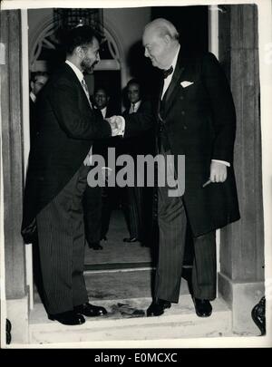 Oct. 10, 1954 - Haile Selassie lunches with the Prime Minister: Haile Selassie the Emperor of Ethiopia lunched with the Prime Minister of No. 10 Downing Street this afternoon. Photo shows Hailes Selassie and Sir Winston Churchill shake hands on the steps of No. 10 Downing Street this afternoon. Stock Photo