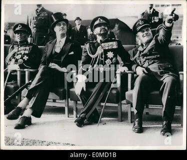 Oct. 10, 1954 - Ethiopian Emperor sees Jet flying display: Emperor Haile Selassie of Ethiopia, currently visit Britain, watching a Flying Display by jet fighter aircraft of the Royal Air Force during a visit to the R.A.F. Station, Duxford, Cambridgeshire. With him are Mr. George Ward, Member of Parliament and Parliamentary Under Secretary of State for Air (left) and Air Marshall Sir Dermot A. Boyle (right), Air officer commanding in chief, Fighter Command, R.A.F. The Emperor inspected aircraft on the ground, visited points of interest on the station, and watched a spectacular air display. Stock Photo