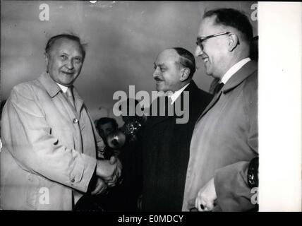 Oct. 10, 1954 - Franco -German Talks opens in Paris: Chancellor Konrad Adenauer Welcomed by M. Berthoin, French Minister of National Education, on his Arrival at orly airfield this morning . on Right Prof. Hallstein , Adenauer Assistant. Stock Photo