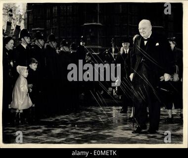 Nov. 30, 1954 - The Prime Minister arrives at West Minister Hall for his Birthday presentation: Photo shows Sir Winston Churchill is watched by the Police Guard - and youngsters - as he walked to St.Stephen s Entrance, Westminister Hall - for the birthday presentation ceremony. Stock Photo